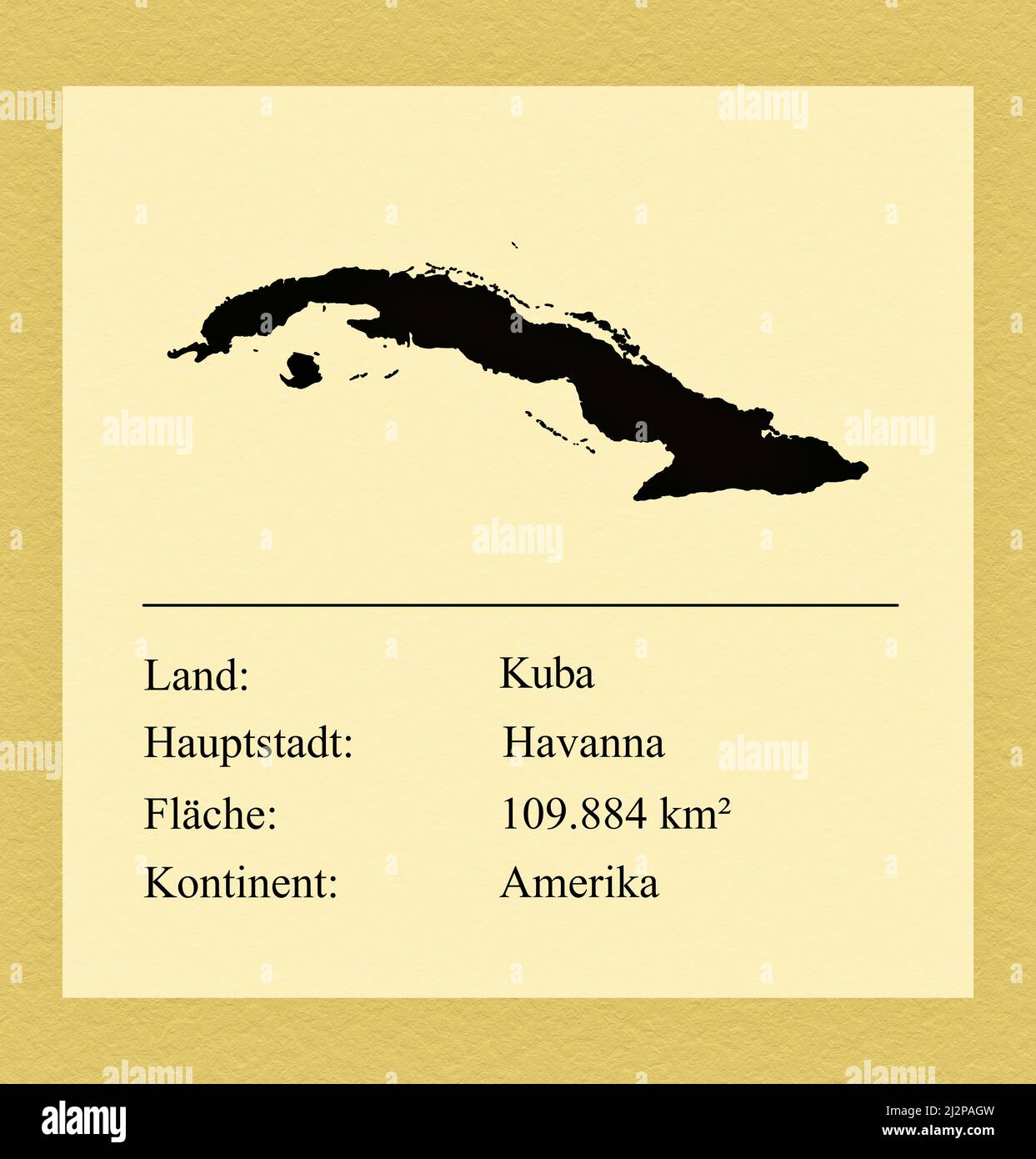 Umrisse des Landes Kuba, darunter ein kleiner Steckbrief mit Ländernamen, Hauptstadt, Fläche und Kontinent Foto Stock