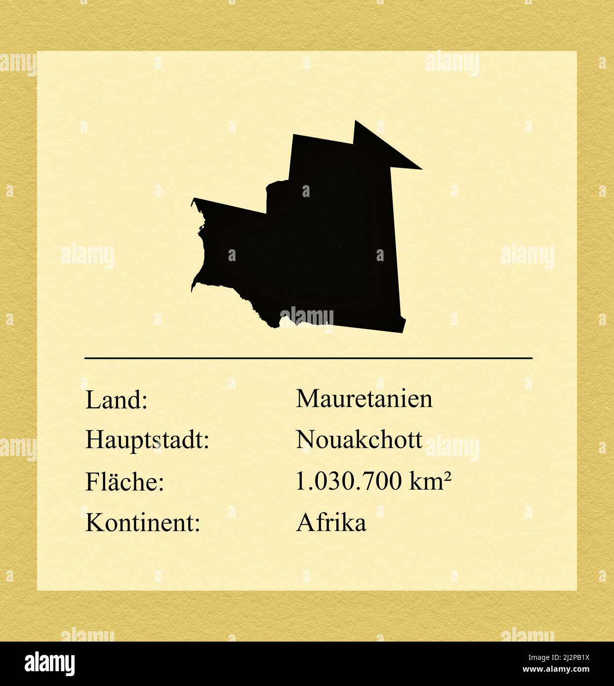 Umrisse des Landes Mauretanien, darunter ein kleiner Steckbrief mit Ländernamen, Hauptstadt, Fläche und Kontinent Foto Stock