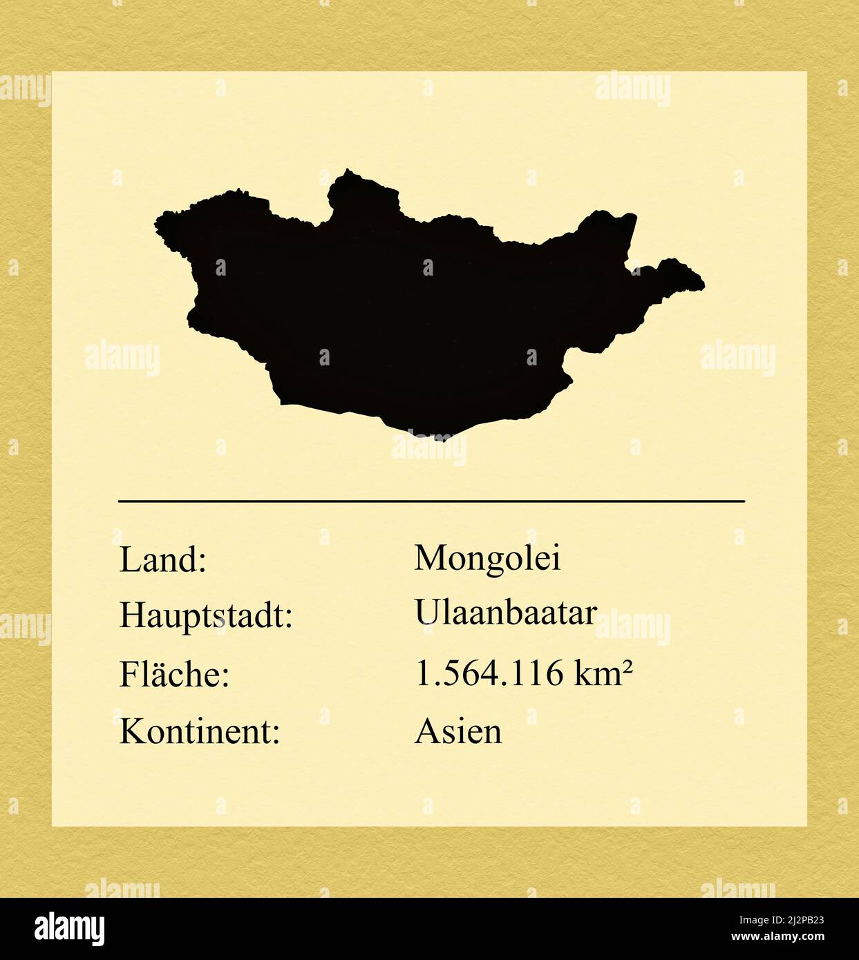 Umrisse des Landes Mongolei, darunter ein kleiner Steckbrief mit Ländernamen, Hauptstadt, Fläche und Kontinent Foto Stock