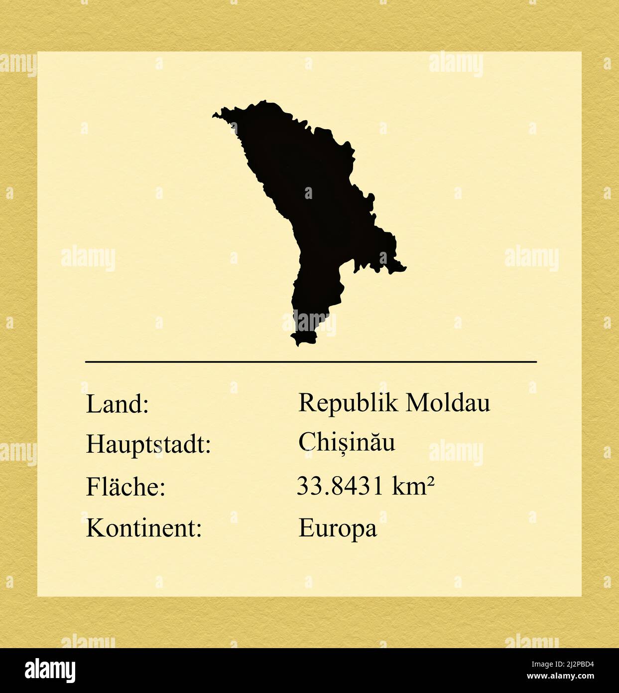 Umrisse des Landes Republik Moldau, darunter ein kleiner Steckbrief mit Ländernamen, Hauptstadt, Fläche und Kontinent Foto Stock