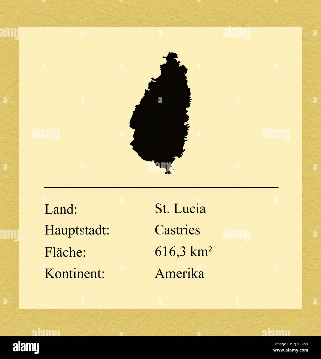 Umrisse des Landes St. Lucia, darunter ein kleiner Steckbrief mit Ländernamen, Hauptstadt, Fläche und Kontinent Foto Stock