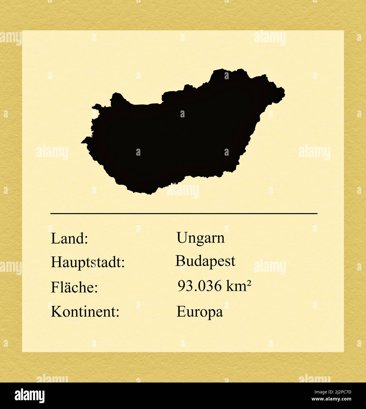 Umrisse des Landes Ungarn, darunter ein kleiner Steckbrief mit Ländernamen, Hauptstadt, Fläche und Kontinent Foto Stock