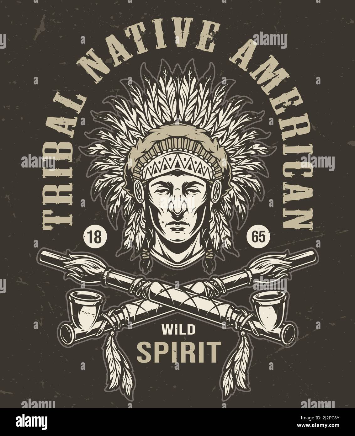 Monocromo wild West vintage emblema con iscrizioni american indian Chief testa in piume tradizionali e tubi incrociati per fumare isolati v Illustrazione Vettoriale