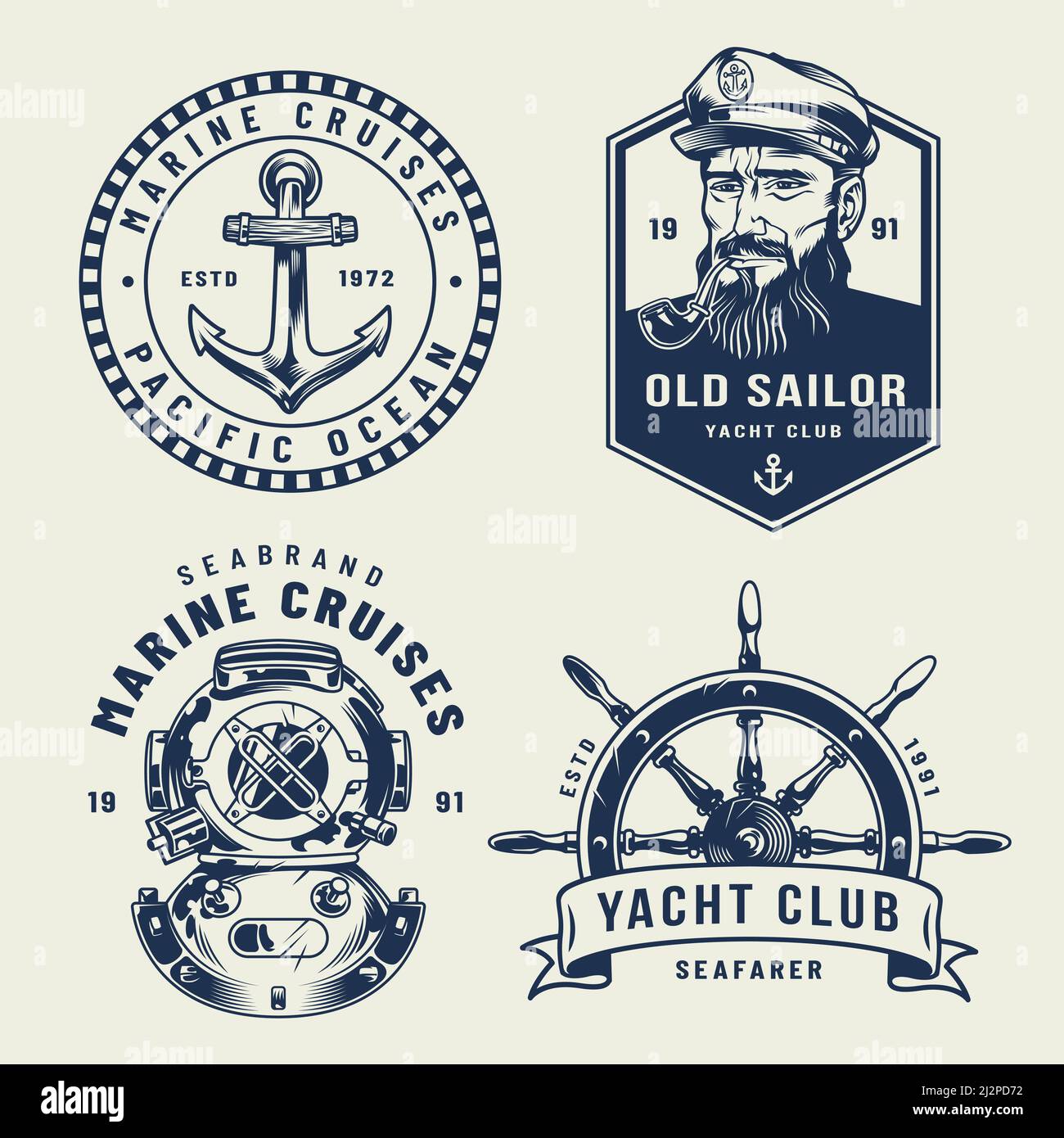 Etichette vintage monocromo per mare e mare con immersione con marinaio ancora illustrazione vettoriale isolata della ruota di spedizione dell'elmetto Illustrazione Vettoriale