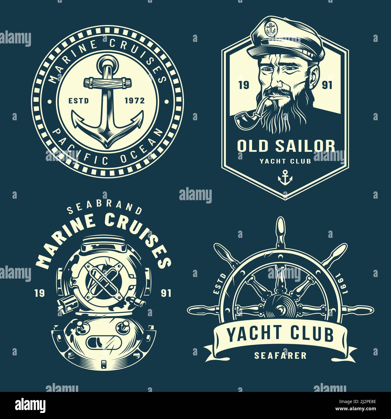 Collezione di loghi nautici d'epoca con ancora marinaio fumante ruota per elmetto in stile monocromatico, immagine vettoriale isolata Illustrazione Vettoriale