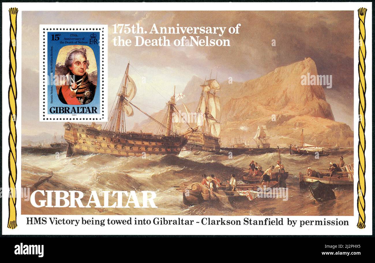 Un francobollo postale stampato a Gibilterra, commemorando il 175th anniversario della morte di Lord Horatio Nelson. Foto Stock