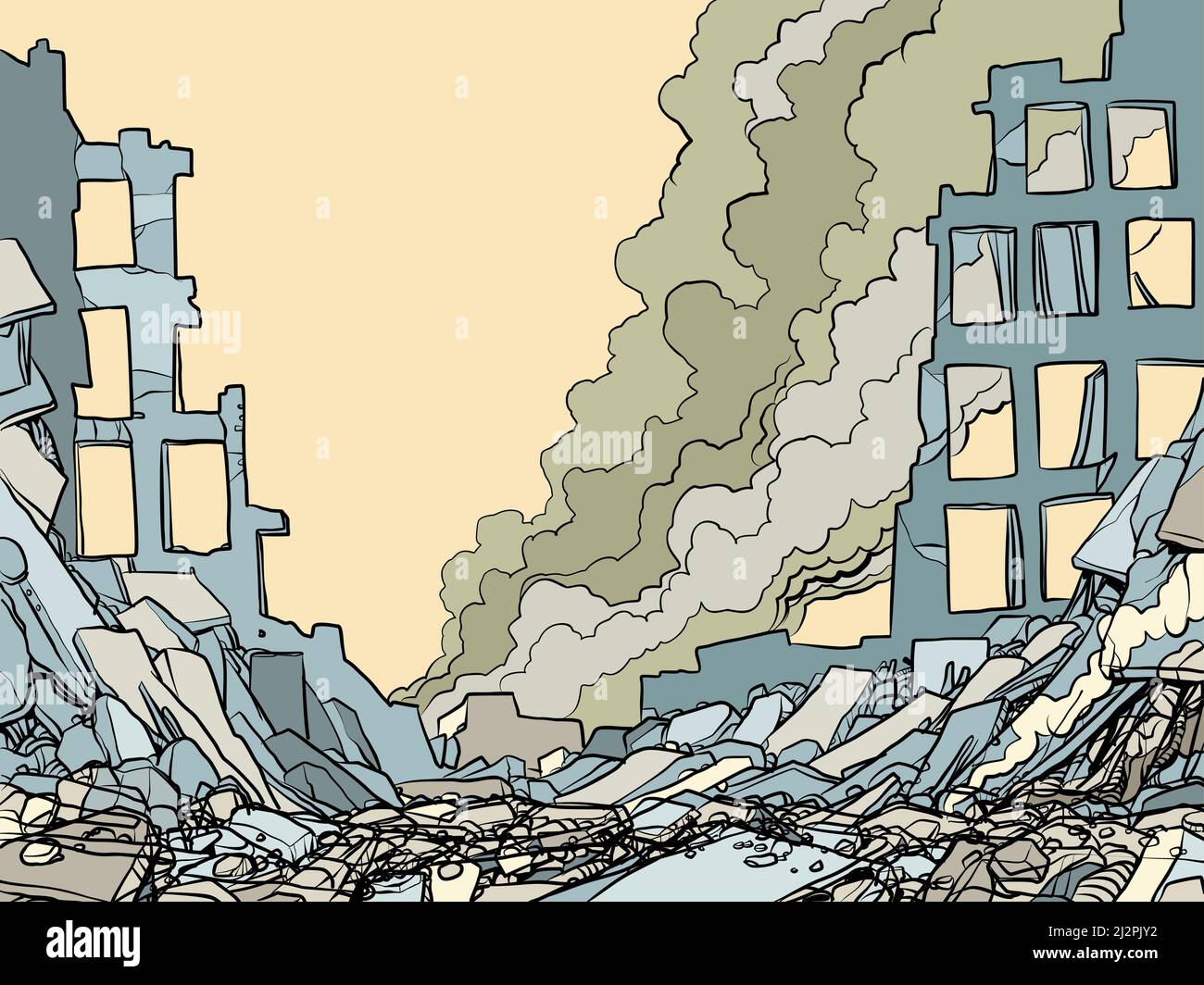 Una città distrutta dalla guerra, fumando rovine di edifici. Ucraina, Europa crisi umanitaria. Pop Art retro Vector Illustration 50s 60s Kitsch Vintage STY Illustrazione Vettoriale