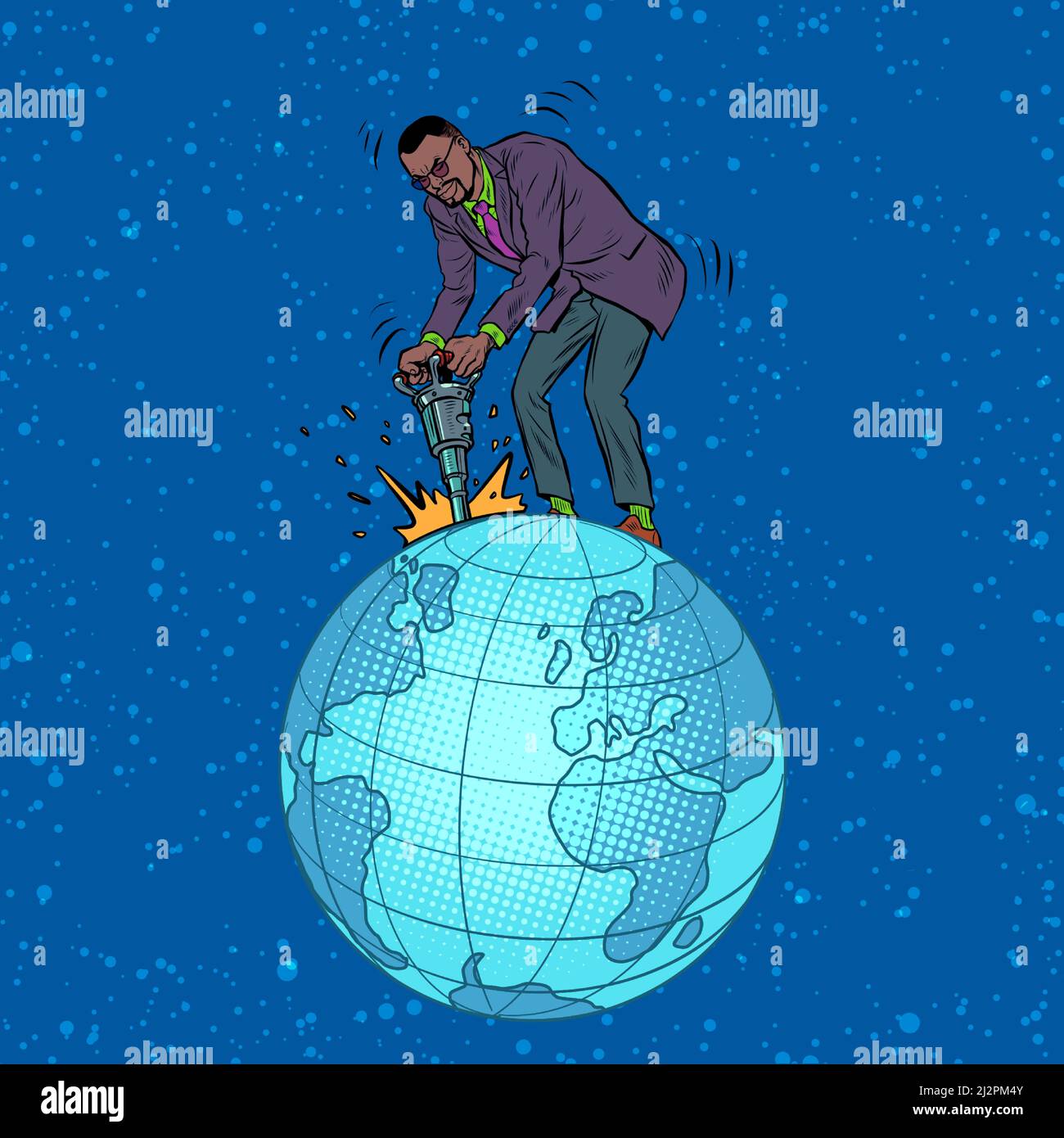 Un uomo d'affari africano con un martello a martello estrae risorse naturali dal pianeta terra. L'economia mondiale. Business globale. Pop Art retro Vector il Illustrazione Vettoriale