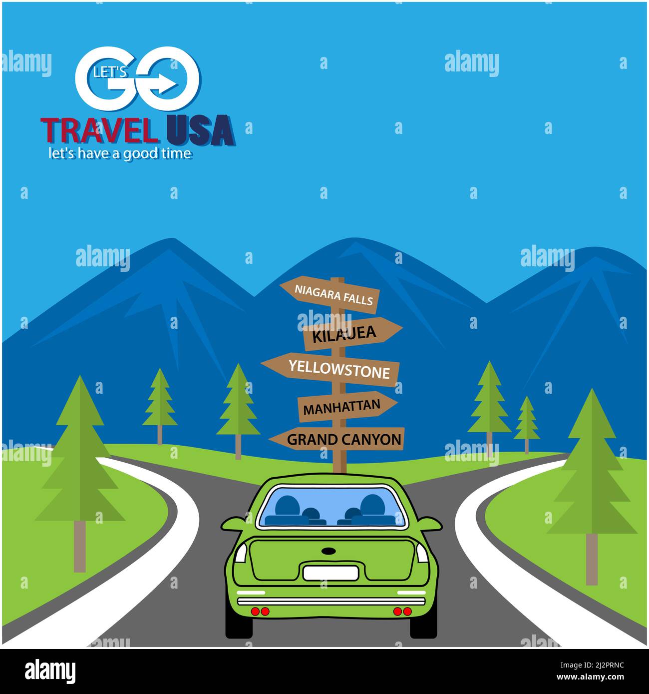 Concetto di viaggio negli Stati Uniti. Cartello in legno che indica la direzione delle attrazioni turistiche negli Stati Uniti. Illustrazione Vettoriale