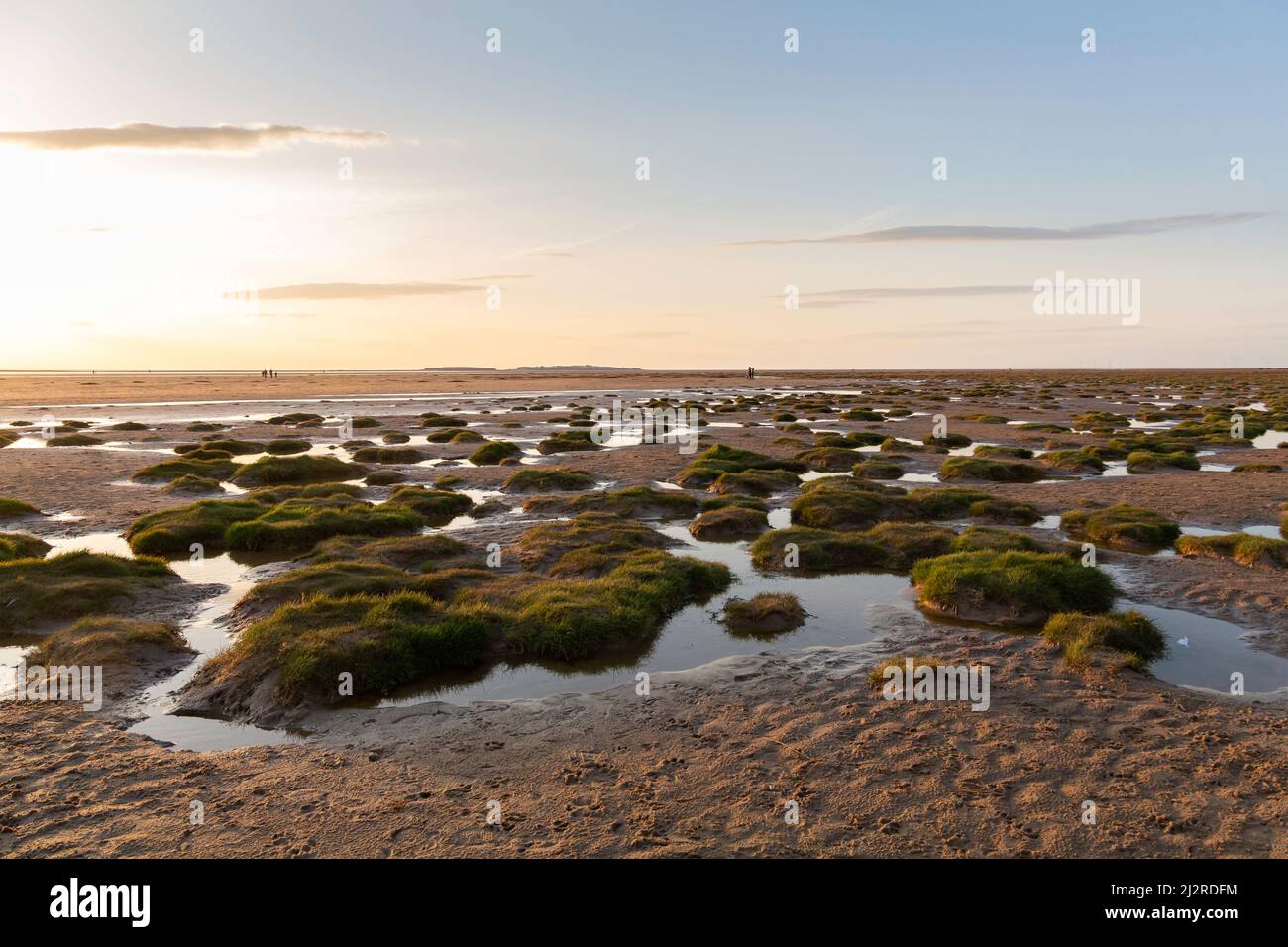West Kirby, Regno Unito: Palude di sale e sabbia a bassa marea sull'estuario del Dee, isola Hilbre all'orizzonte. Foto Stock