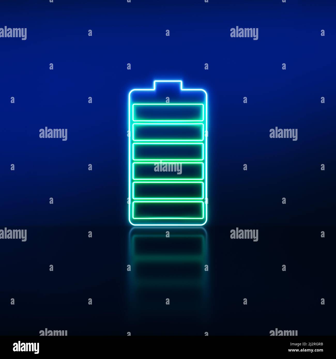 Segnale batteria carica piena. Icona indicatore luminoso del livello di carica della batteria al neon. Verticale. Foto Stock