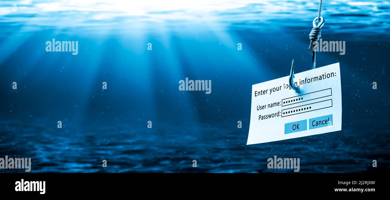 Informazioni di accesso allegate al gancio grande sotto l'acqua alla luce del sole - concetto di phishing Foto Stock