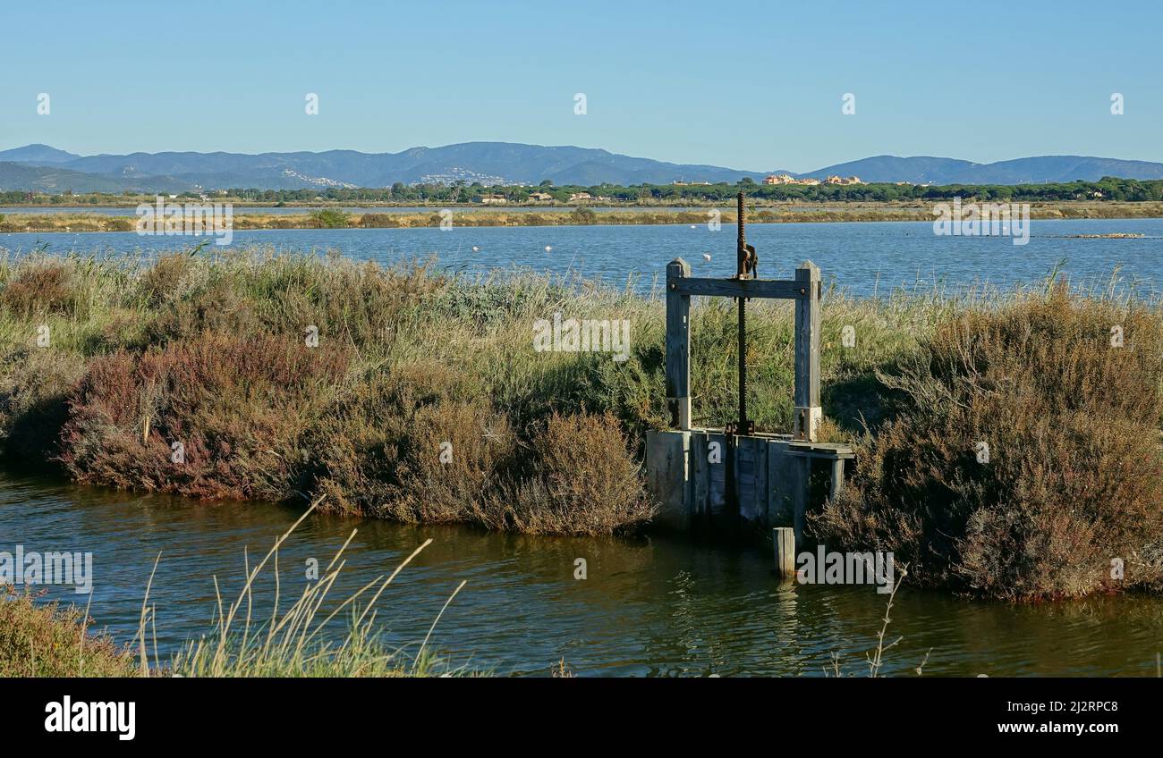 Valvola di distribuzione dell'acqua sulla saleria Hyeres Foto Stock