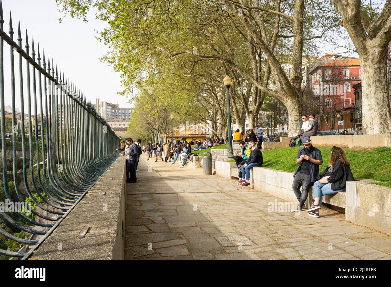 Porto, Portogallo. Marzo 2022. La gente si rilassa ammirando il panorama della città sul parco Virtua Foto Stock