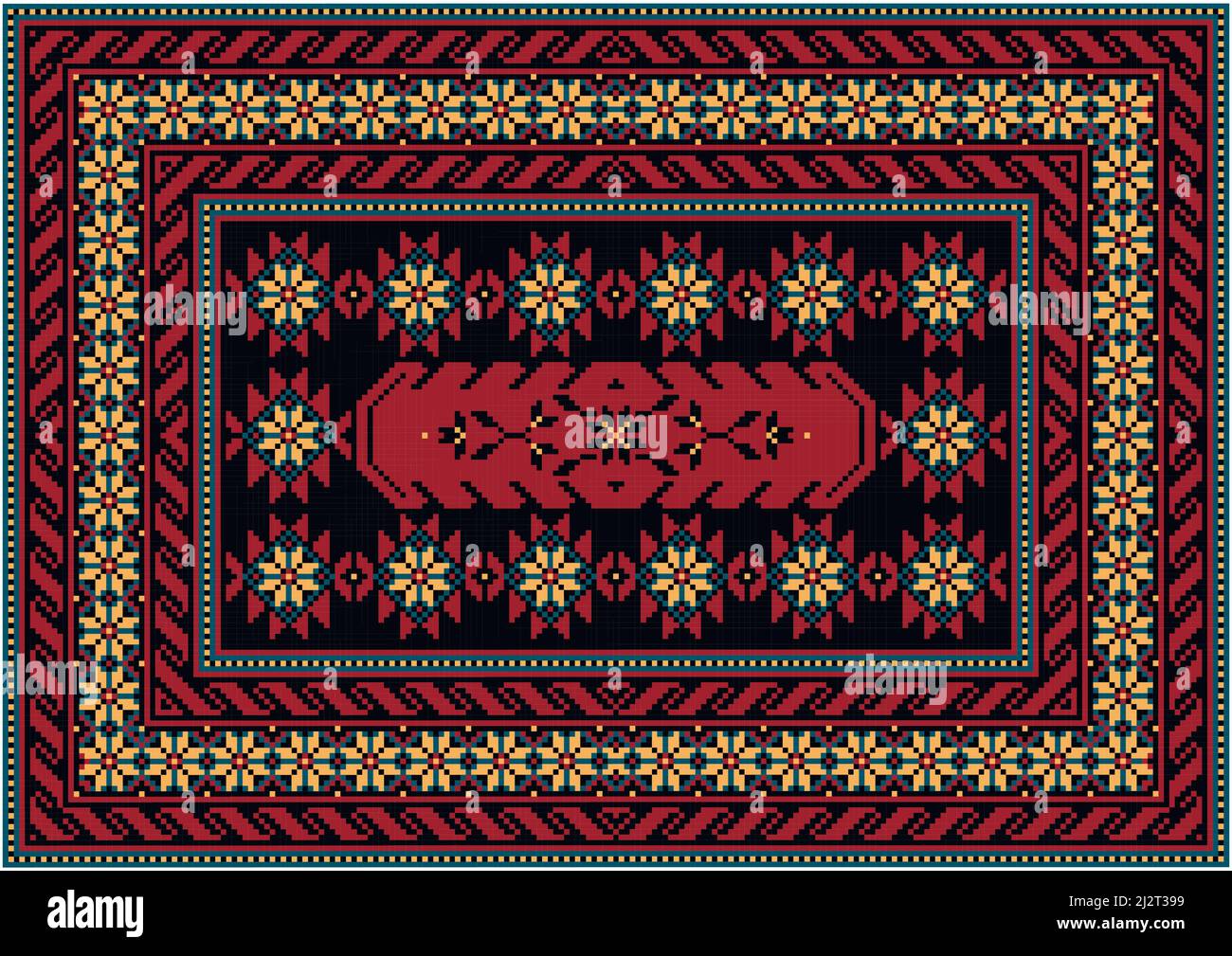 Tappeto vintage in tonalità di rosso con motivi rosa chiaro, blu e nero intorno ai bordi e motivo su campo nero al centro su uno sfondo bianco Illustrazione Vettoriale