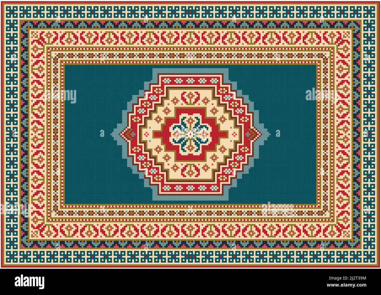 Tappeto vintage in tonalità di blu con motivi rossi, rosa, bluastri e beige lungo i bordi e un motivo originale su un campo blu al centro su a. Illustrazione Vettoriale