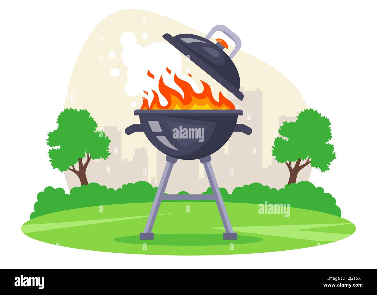 grigliate la carne in un grill per barbecue. riposatevi nella natura. illustrazione vettoriale piatta. Illustrazione Vettoriale