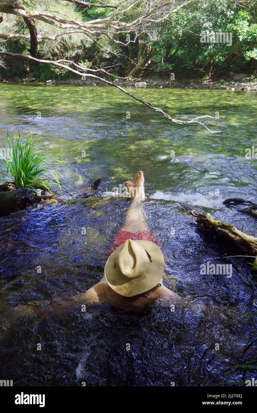 L'uomo è immerso nella piscina naturale sopra una cascata tra la foresta pluviale, la Goldsborough Valley, vicino a Cairns, Queensland, Australia. Nessun MR Foto Stock