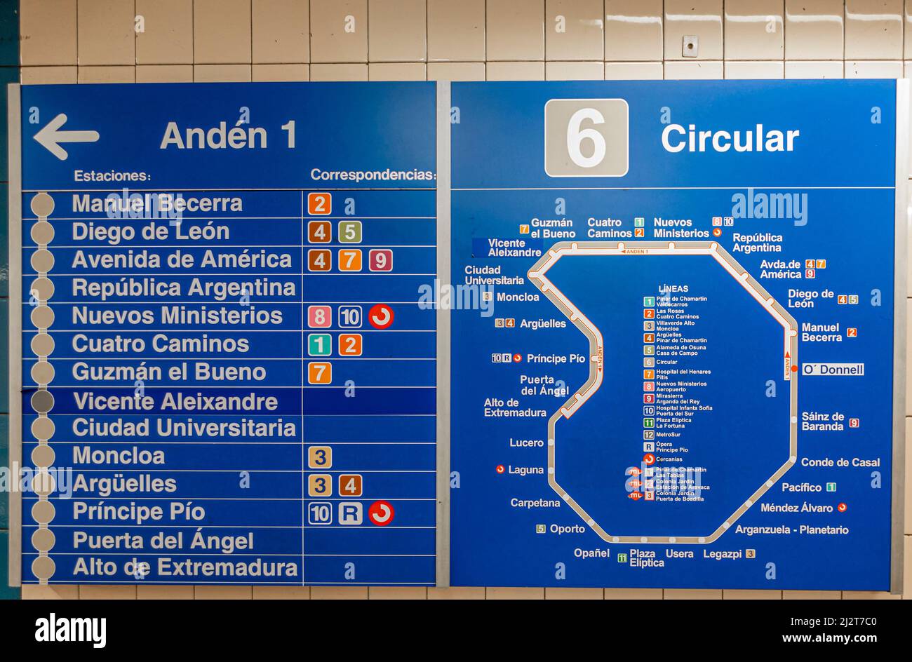 Linea 6 Mappa circolare della metropolitana di Madrid sul muro. Foto Stock