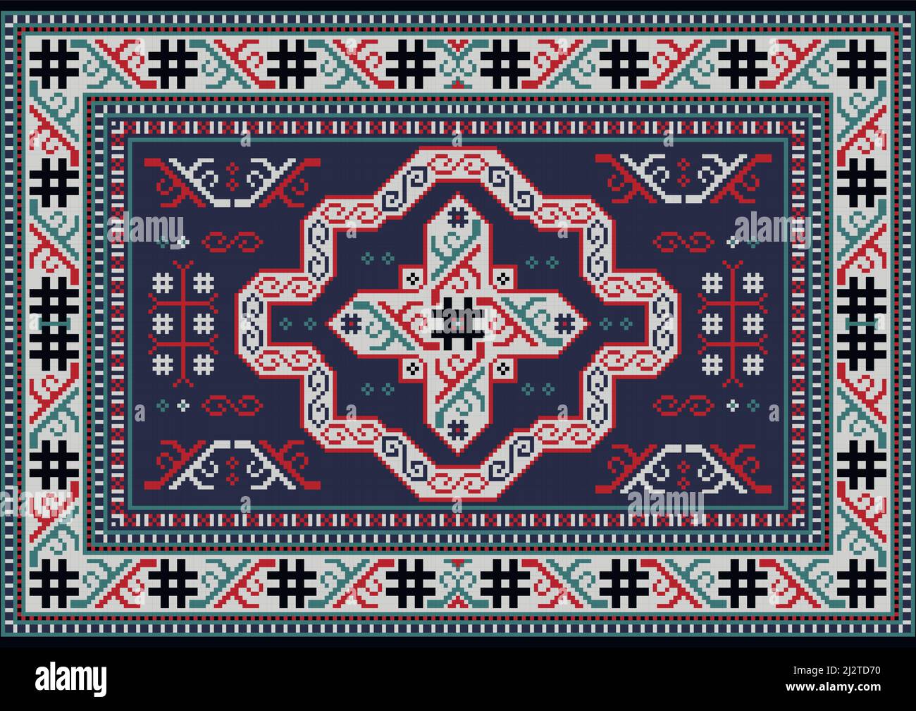 Tappeto vintage brillante in tonalità blu con motivi rossi, blu e neri ai bordi e ornamento grigio al centro su sfondo nero Illustrazione Vettoriale