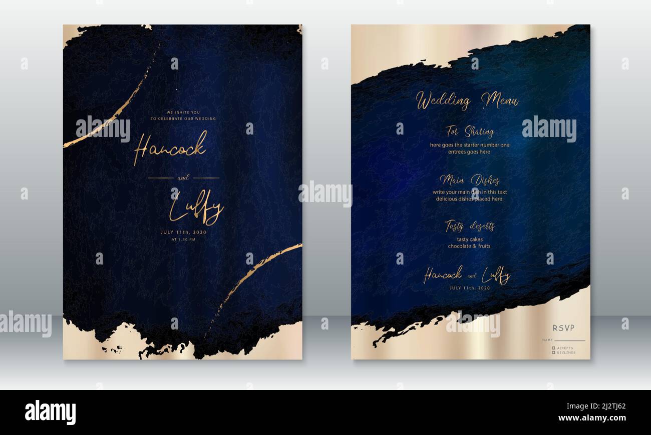 Modello di design di lusso con biglietto di invito per matrimoni con sfondo blu scuro e grunge Illustrazione Vettoriale