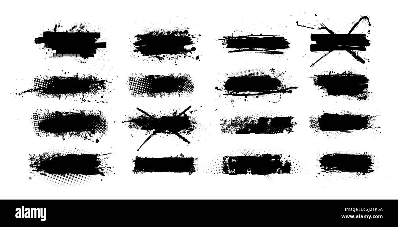 Nero Set inchiostro spazzolone e modello pennello con spruzzi grunge Illustrazione Vettoriale