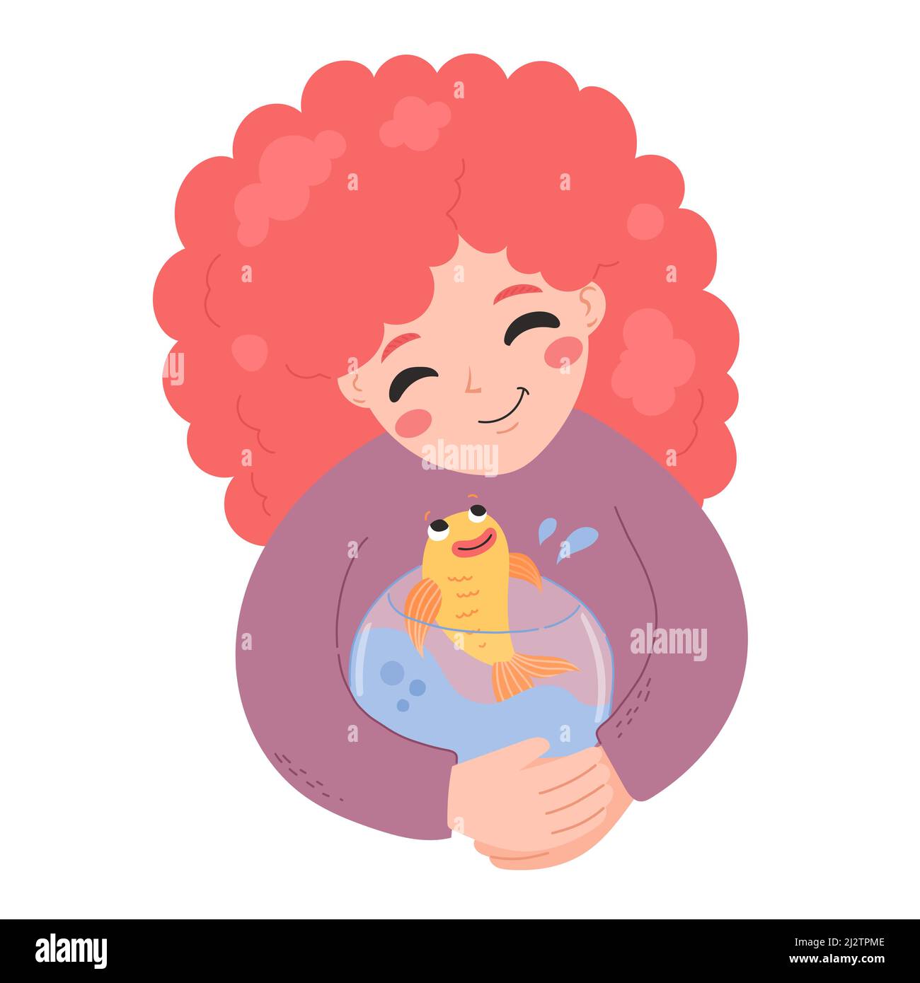Persone e animali domestici, ragazza con pesce d'oro, vettore Illustrazione Vettoriale