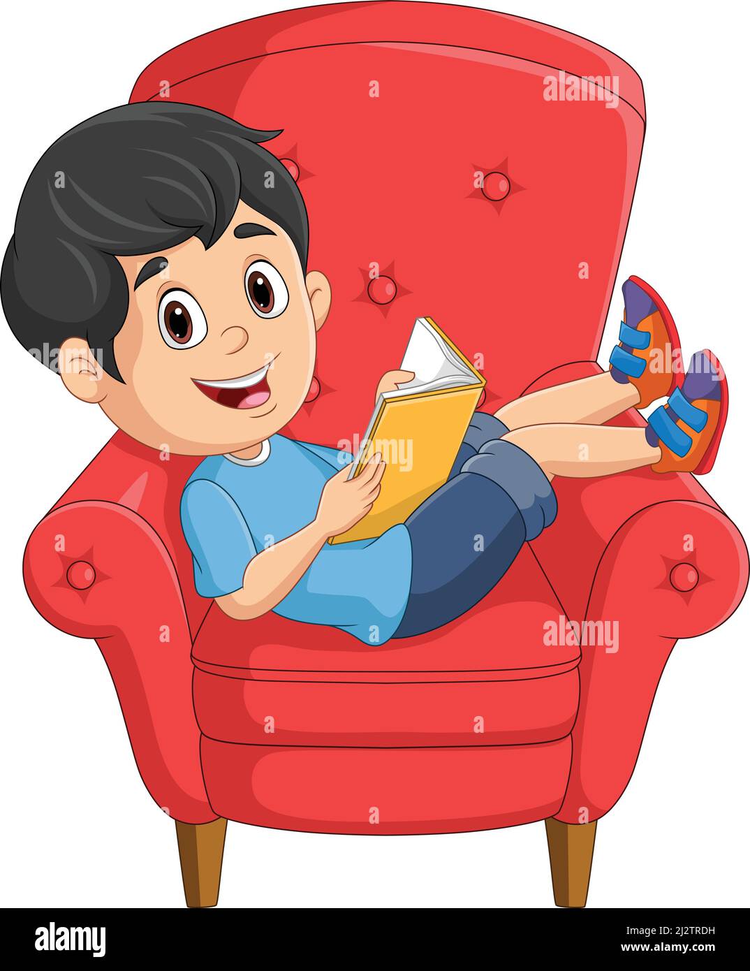 Ragazzino fumetto che legge un libro sul divano Illustrazione Vettoriale