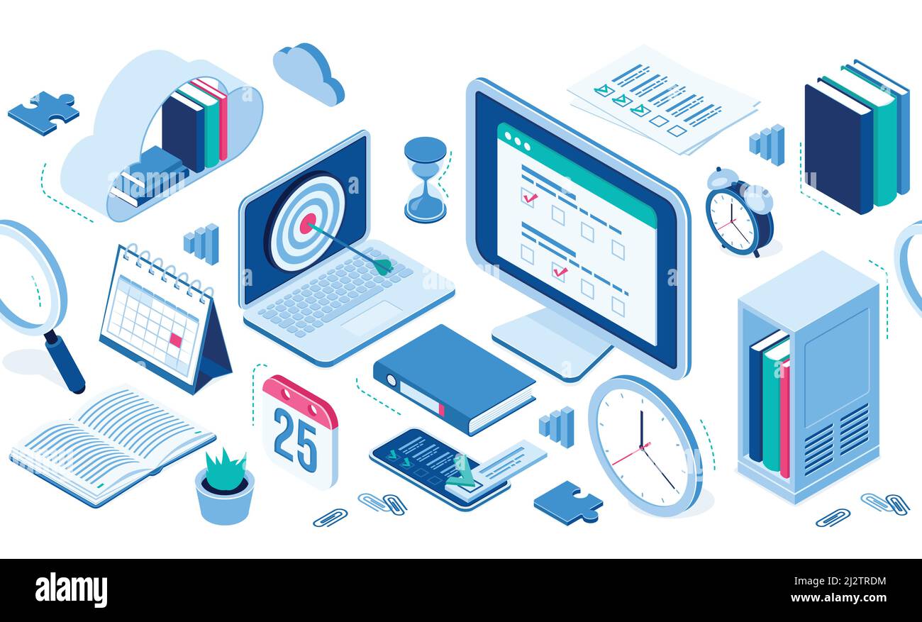 Icone isometriche nube con libri, computer e smartphone, forniture per ufficio, sveglia e calendario tabella, cartella con file, clip. Ele infografiche Illustrazione Vettoriale