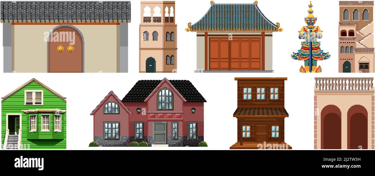 Diversi modelli di edifici su sfondo bianco illustrazione Illustrazione Vettoriale