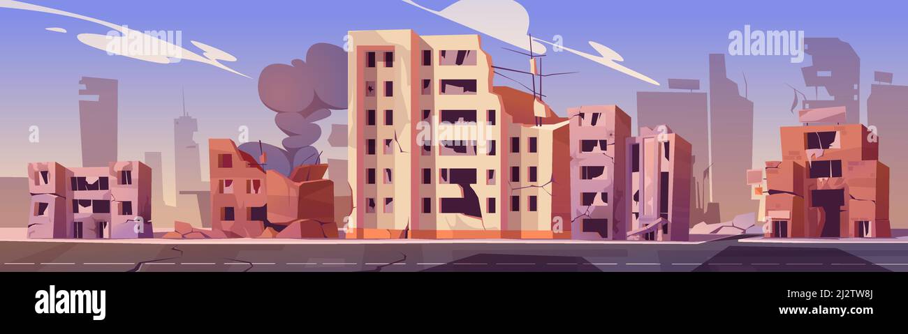 Città distruggere in zona di guerra, edifici abbandonati con fumo. Distruzione, calamità naturali o conseguenze cataclismiche, rovine del mondo post-apocalittico con b Illustrazione Vettoriale