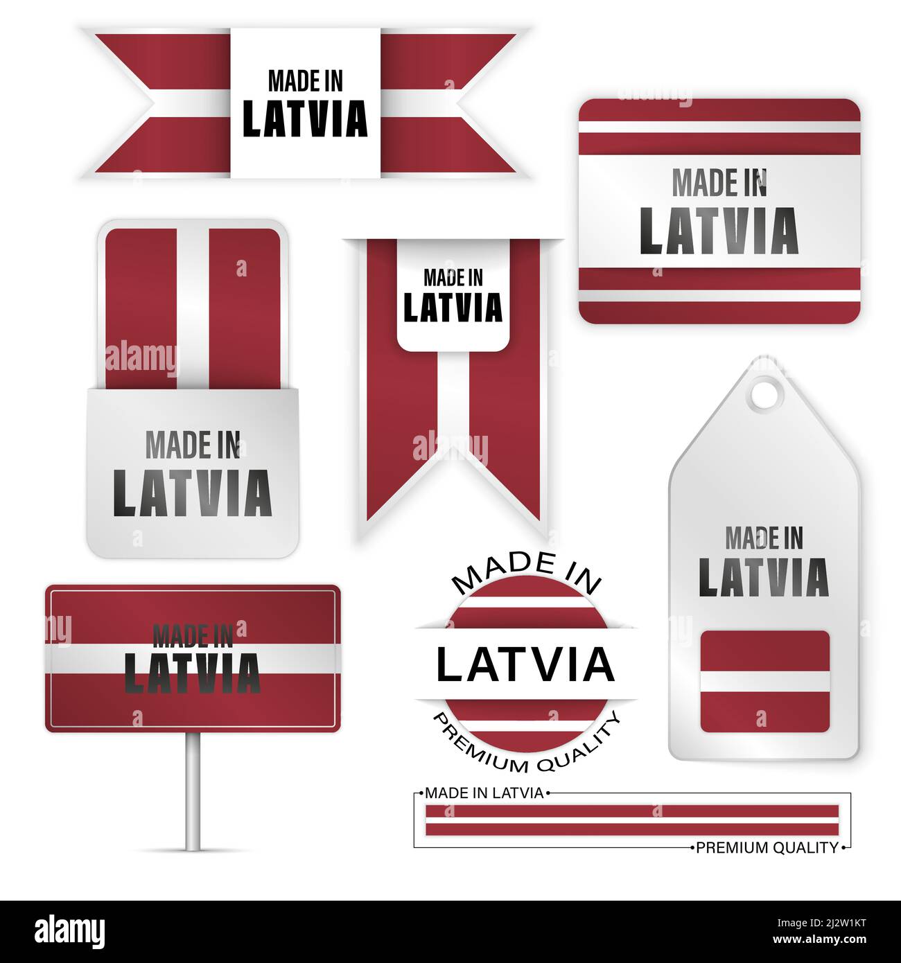 Prodotto in Lettonia grafica ed etichette set. Alcuni elementi di impatto per l'uso che si desidera fare di esso. Illustrazione Vettoriale