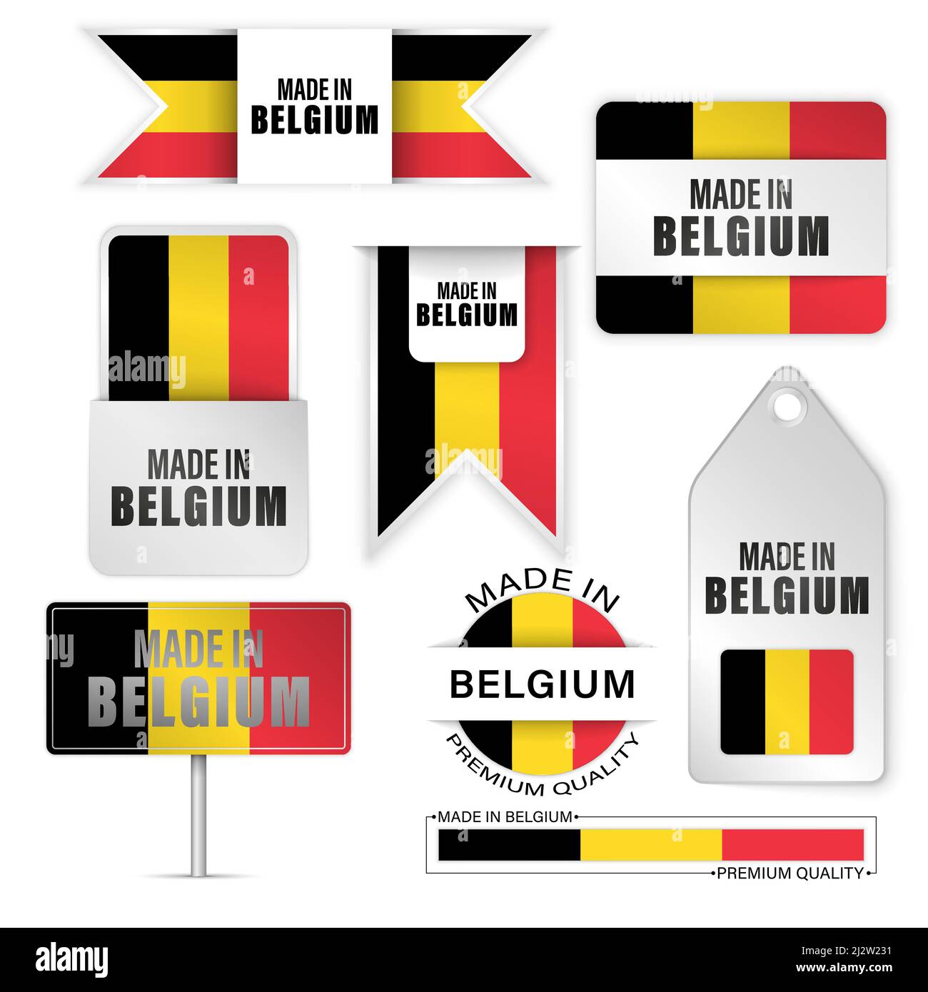 Set di grafici ed etichette Made in Belgium. Alcuni elementi di impatto per l'uso che si desidera fare di esso. Illustrazione Vettoriale