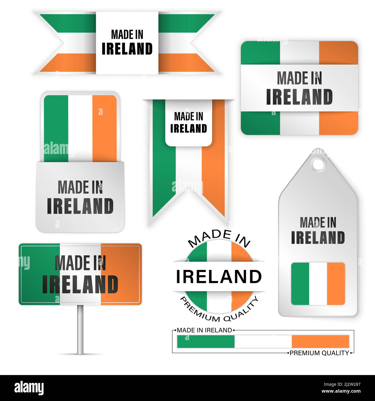Set di etichette e grafica Made in Ireland. Alcuni elementi di impatto per l'uso che si desidera fare di esso. Illustrazione Vettoriale