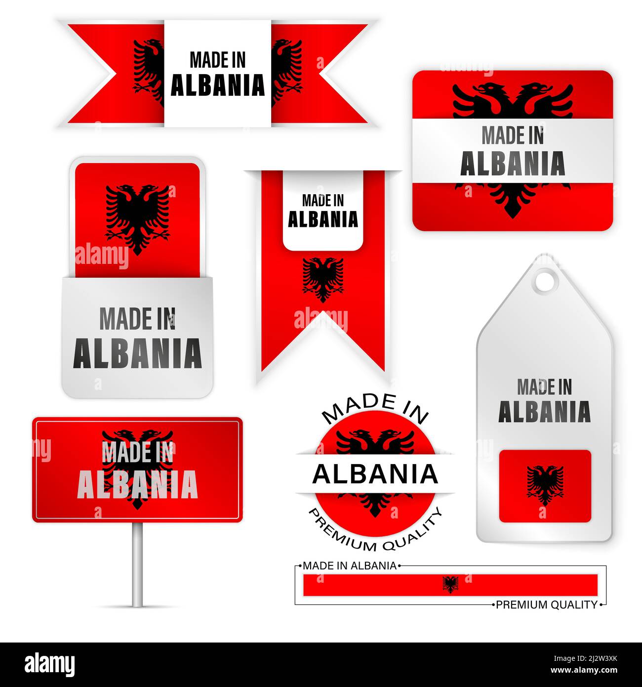 Set di etichette e grafica Made in Albania. Alcuni elementi di impatto per l'uso che si desidera fare di esso. Illustrazione Vettoriale