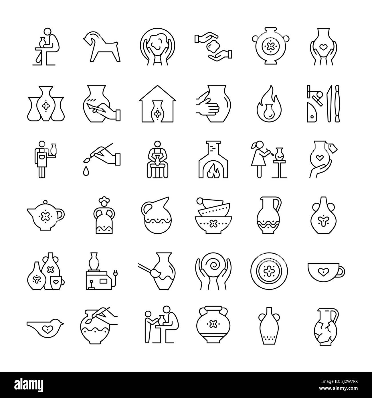 Una grande serie di icone sul tema della ceramica. Vasi vari, vasai, figurine, amofra. Illustrazione Vettoriale