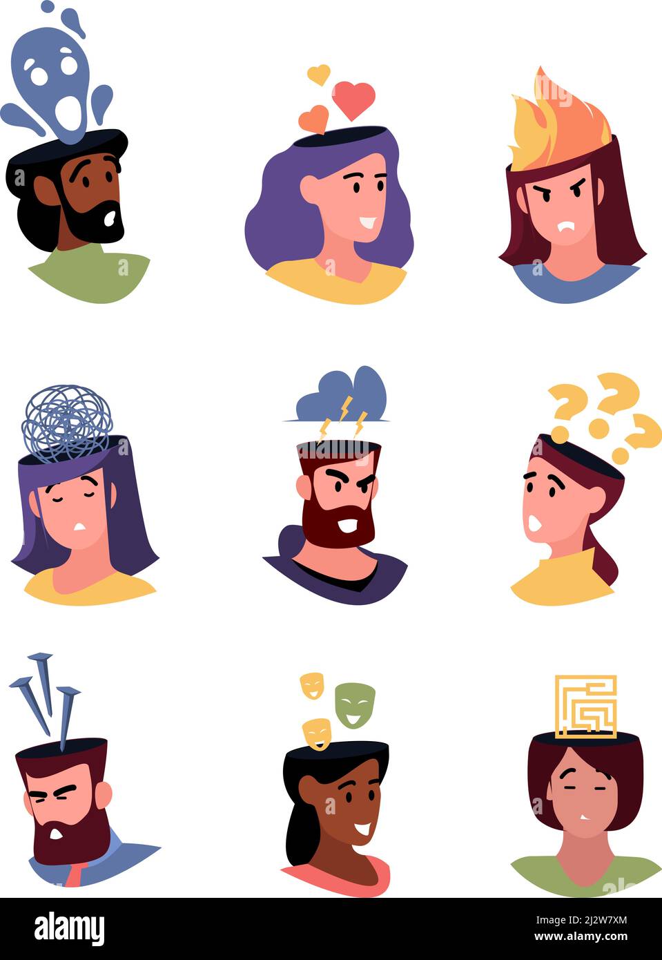 Pensiero negativo. Mente distruttiva mentale forza controllo cervello testa interna con contorni Garish vettore illustrazioni piatte Illustrazione Vettoriale