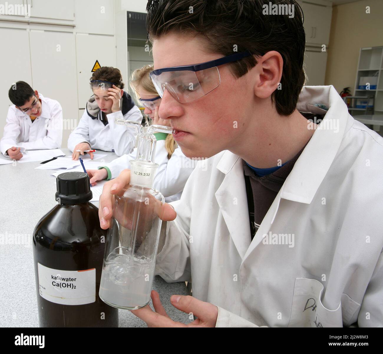 Olanda, uno studente durante una lezione di chimica soffia nell'acqua di calce per mostrare l'anidride carbonica nell'aria respirata. Foto Stock