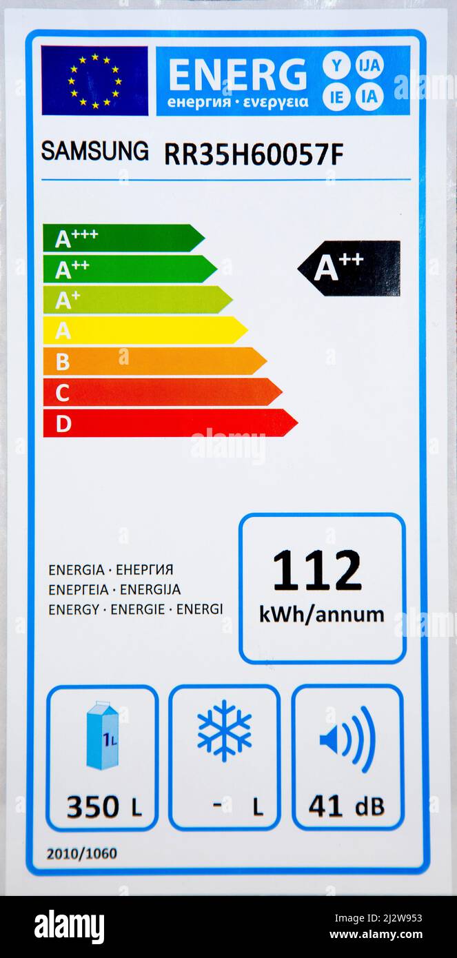Paesi Bassi, l'etichetta energetica in Europa mostra l'anno di consumo di energia elettrica e il rumore di una lavatrice. Foto Stock