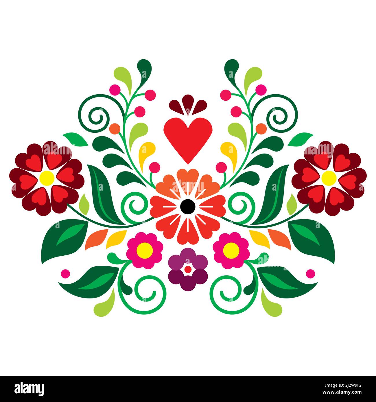 Design vettoriale arte folcloristica con fiori, foglie e cuore, stile tradizionale ricameria messicano perfetto per biglietto d'auguri o motivo di invito al matrimonio Illustrazione Vettoriale