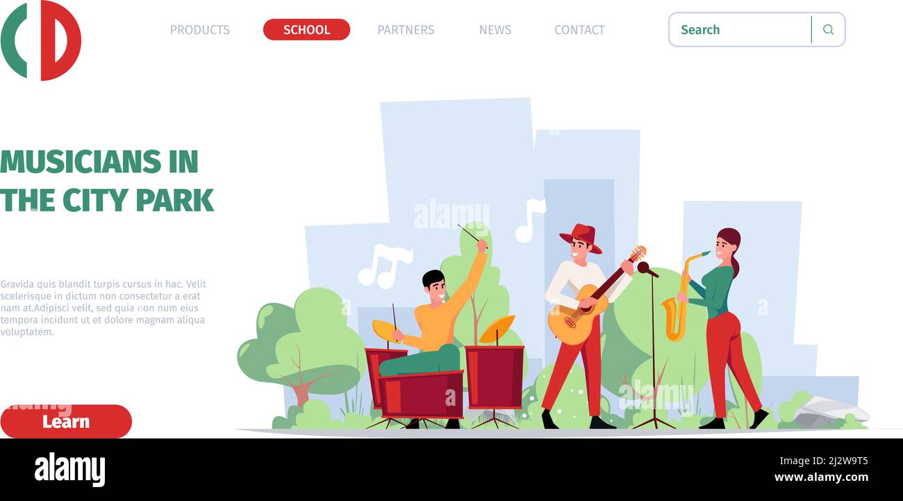 Atterraggio di intrattenimento urbano. Musicisti esterni ballerini Street performance garish vettore modello di pagina web Illustrazione Vettoriale