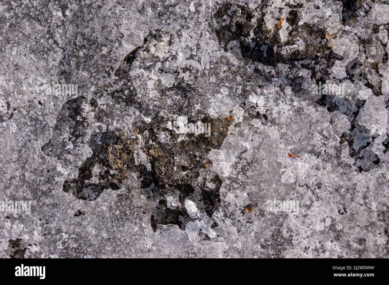Texture contrastante dalla neve grigia e sporca sul terreno Foto Stock