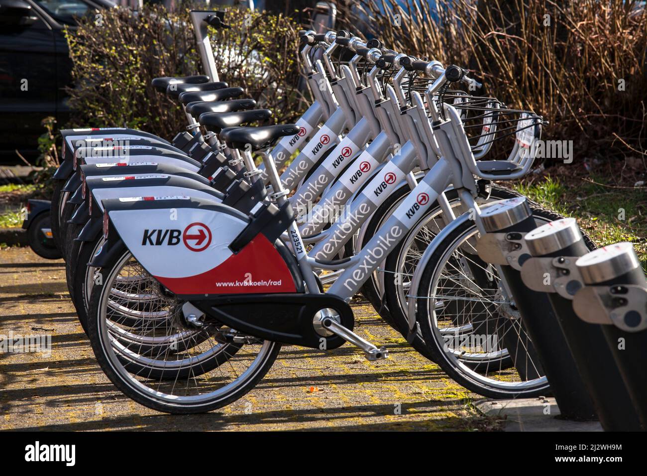 Biciclette e-bikes della società Koelner Verkehrsbetriebe KVB (Colonia azienda di trasporto pubblico) in corrispondenza di una stazione di carica dell'Mobilstation sul ch Foto Stock