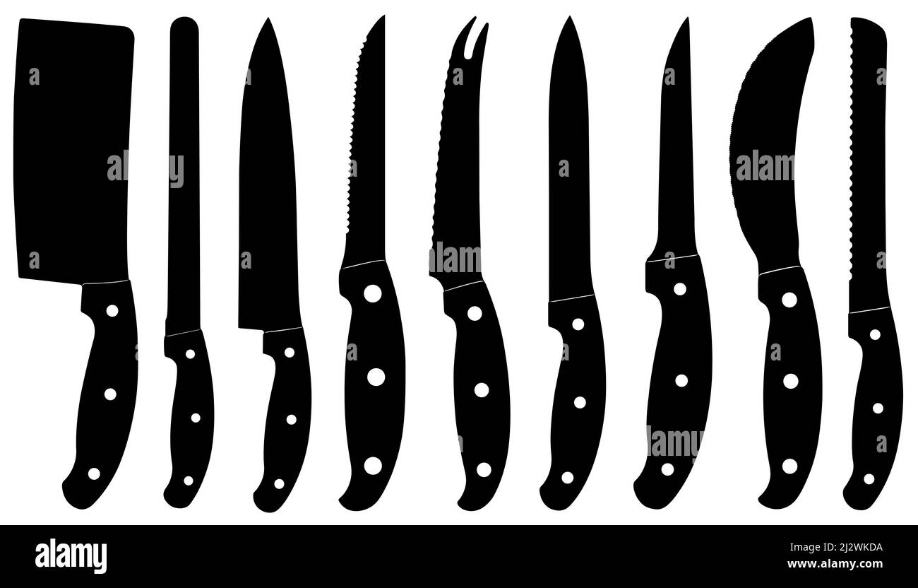 Diversi coltelli da cucina silhouette isolato su bianco Foto Stock