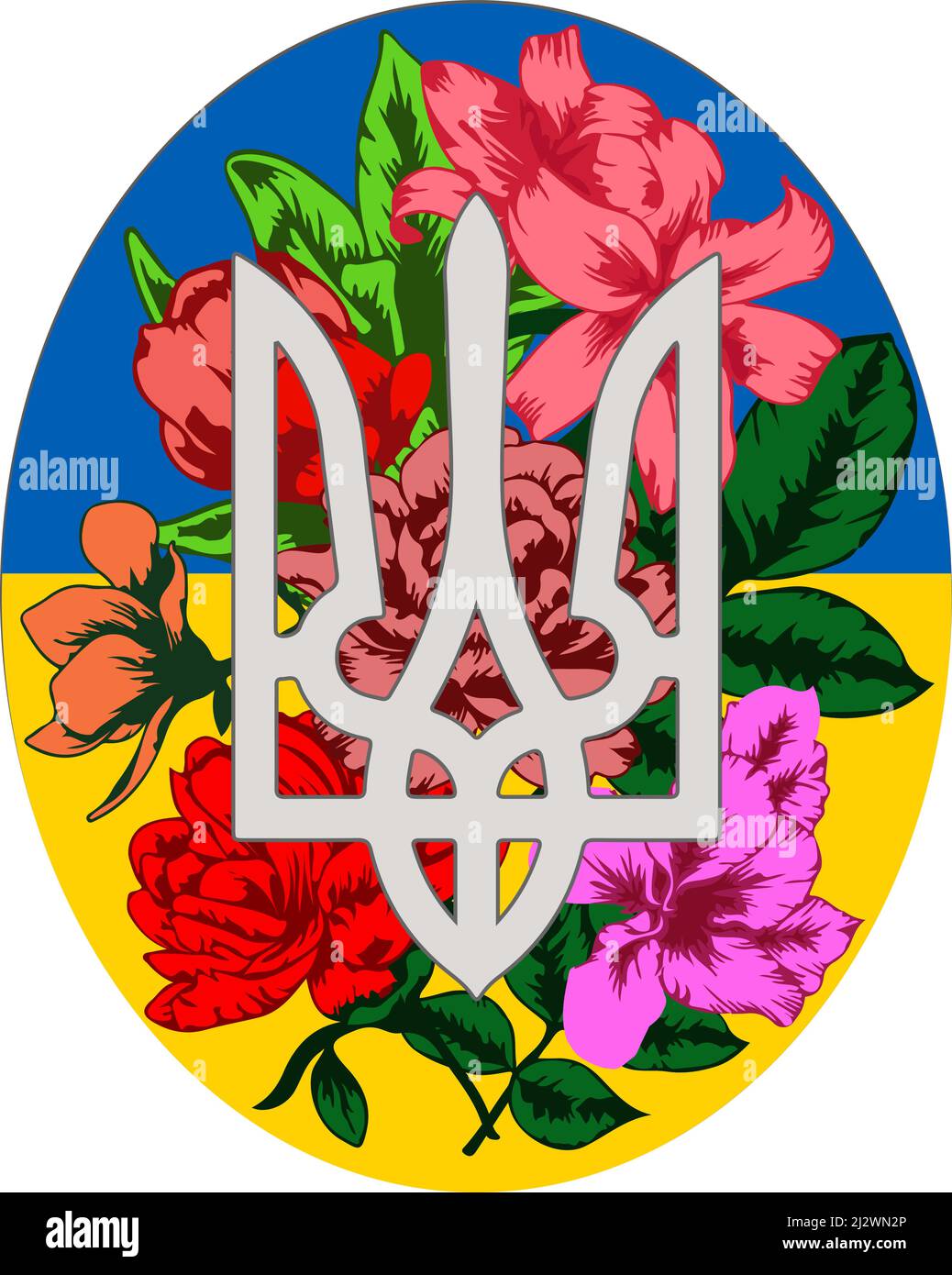 Tryzub Tridente nazionale ucraino emblema nei colori della bandiera ucraino e fiori in fiore giardino Illustrazione Vettoriale