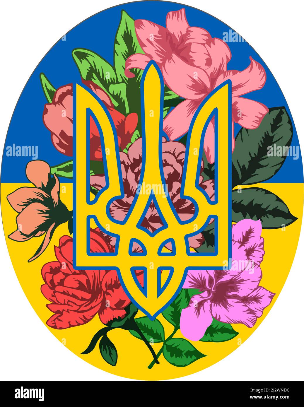 Tryzub emblema nazionale ucraino in colori bandiera ucraini e fiori da giardino in fiore Illustrazione Vettoriale