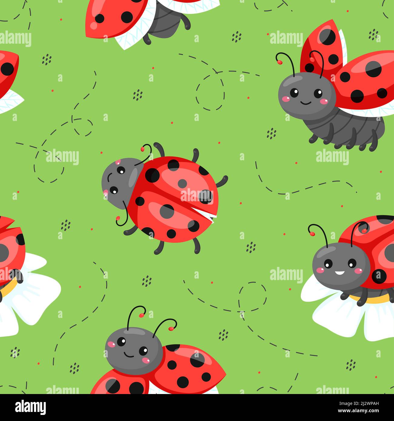 Fumetto ladybugs modello senza giunture. Coleotteri rossi colorati con puntino nero polka, volare, strisciando insetti divertenti su camomiles su sfondo verde. Arredamento Illustrazione Vettoriale