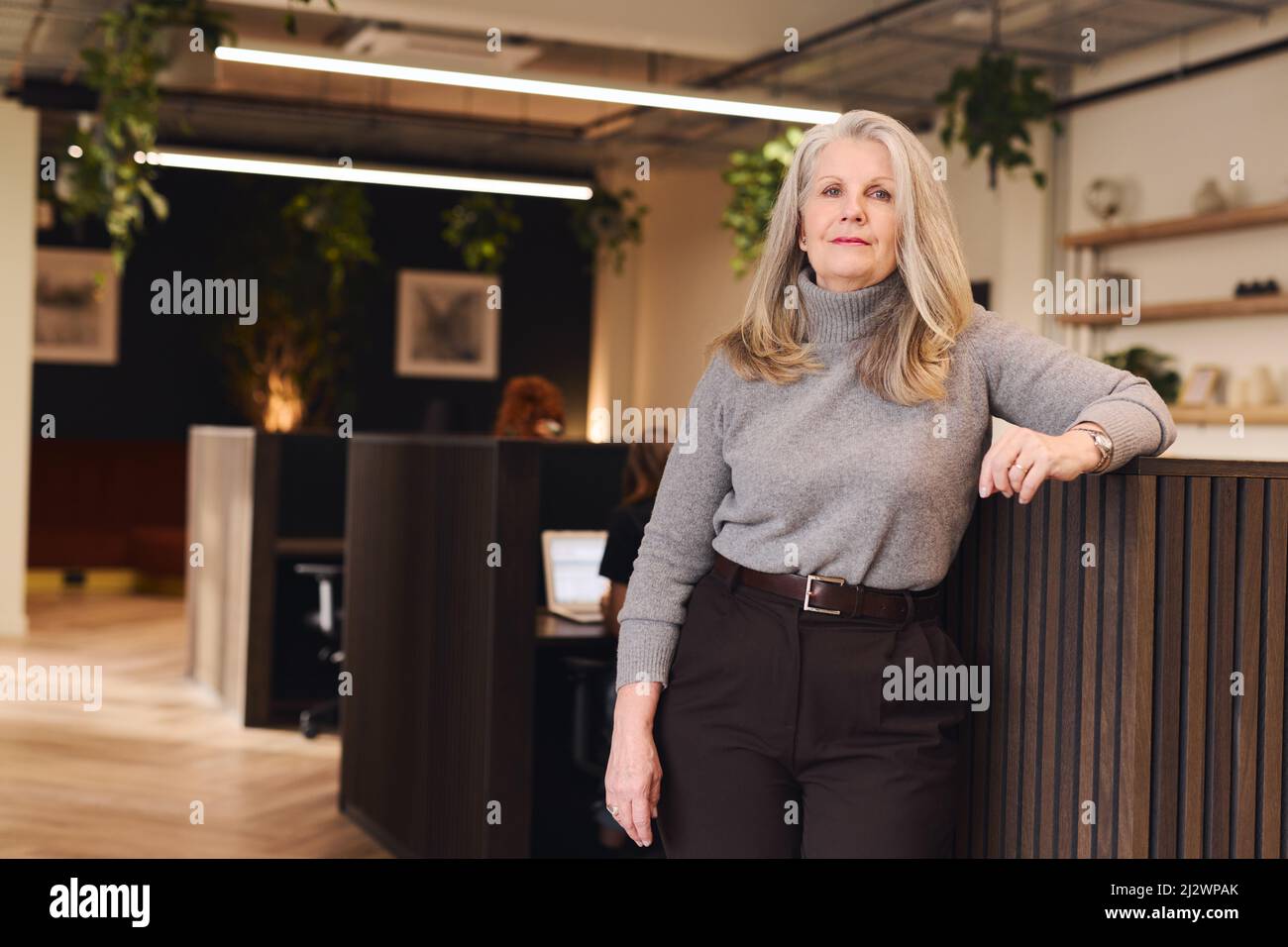 Ritratto di anziana donna d'affari bianca con espressione focalizzata appoggiata sulla partizione d'ufficio nel moderno spazio di coworking Foto Stock