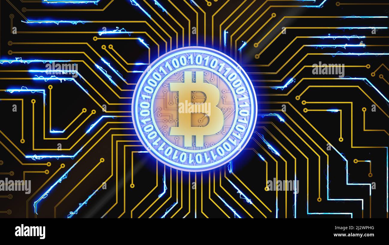 Una moneta in bitcoin oro pulsa con la luce blu su un circuito stampato. 3d rendering. Foto Stock