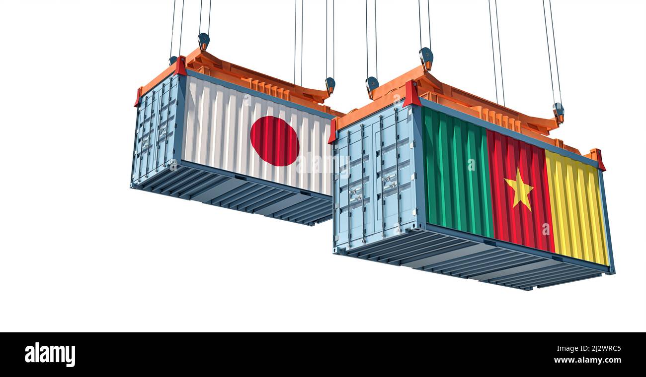 Container di carico con bandiere nazionali del Giappone e del Camerun. 3D rendering Foto Stock